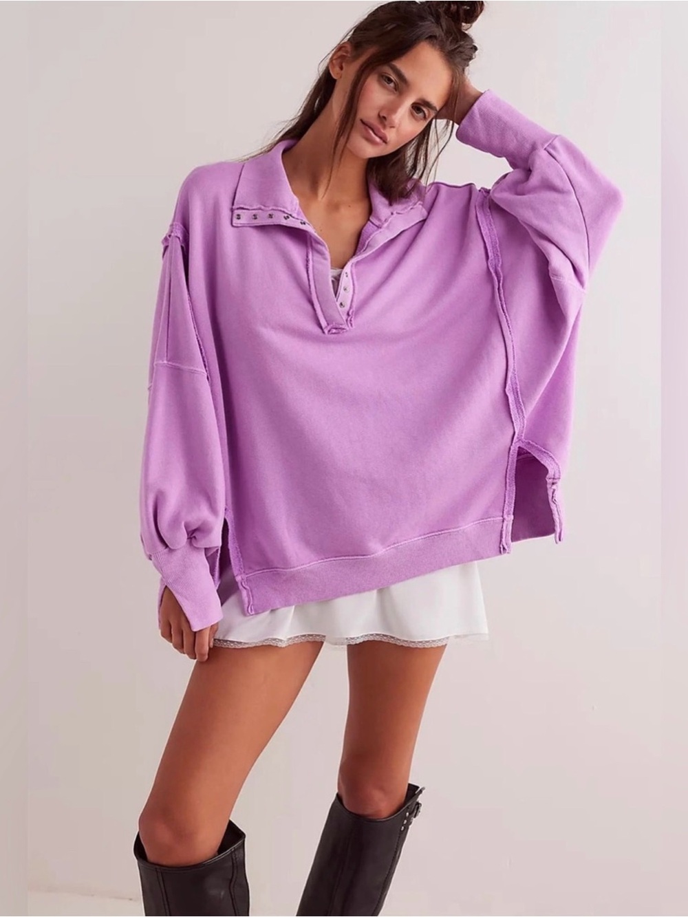 Free People Camden Henley Oversized Snap Pullover size XS